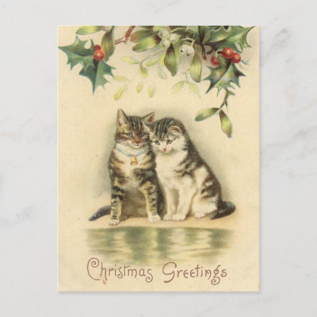 Vintage Weihnachtsgrüße Kitty Cats Feiertagspostkarte (Vorderseite)