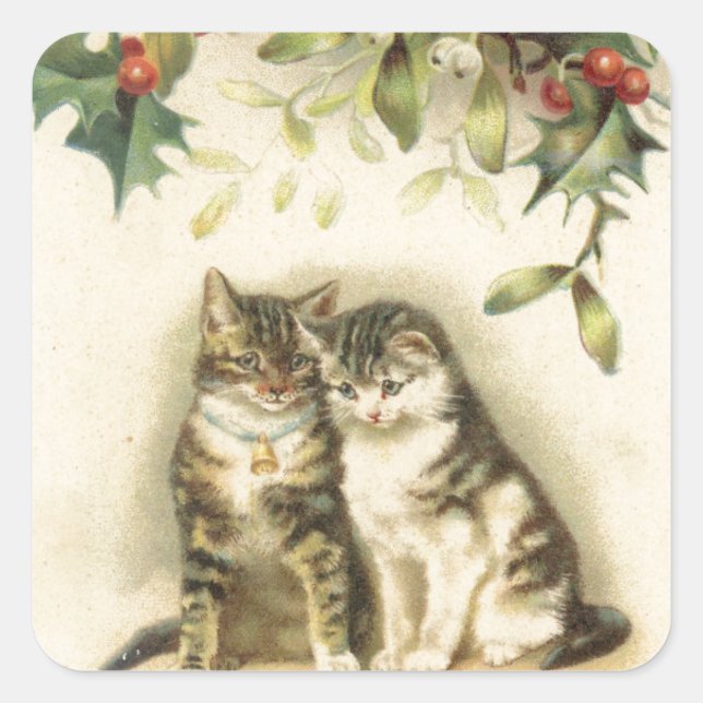 Vintage Weihnachtsgrüße Kitty Cats Quadratischer Aufkleber (Vorderseite)