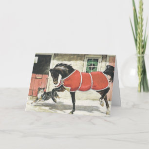 Vintage Weihnachtsgrüße mit Pferd und Hund Feiertagskarte
