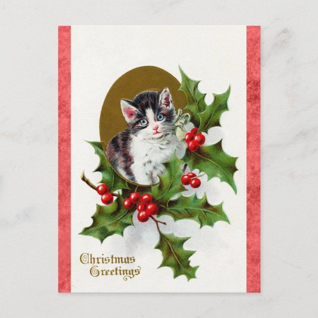 Vintage Weihnachtsgrüße Niedlich Kitten Cat Postkarte (Vorderseite)
