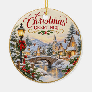 Vintage-Weihnachtsgrüße-Ornament – Verschneite Vil Keramik Ornament