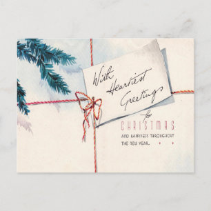 Vintage-Weihnachtsgrüße rote Schnur Immergrün Feiertagspostkarte