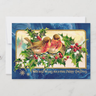 Vintage-Weihnachtsgrüße Vögel Stechpalme Faux Gold Mitteilungskarte