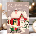 Vintage Weihnachtshaus in Schnee Grüße Feiertagskarte<br><div class="desc">Vintage Weihnachtshaus in Schnee Gruß Urlaubskarte. Dieses Design verfügt über ein Vintages Hütte-Haus im Schnee. Was für eine schöne Retro-Urlaubsszene. Personalisieren Sie dieses maßgeschneiderte Design mit Ihrem eigenen Innen-Gruß.</div>
