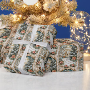 Vintage-Weihnachtshaus mit Poinsettien-Blumen Geschenkpapier