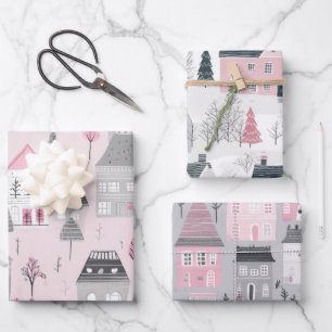 Vintage Weihnachtshäuser in Rosa Weiß Grau Geschenkpapier Set
