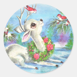 Vintage-Weihnachtshirsche und -vögel Runder Aufkleber