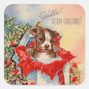 Vintage-Weihnachtshund in Geschenk Quadratischer Aufkleber