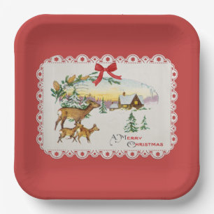 Vintage-Weihnachtshütte & Hirsche Pappteller