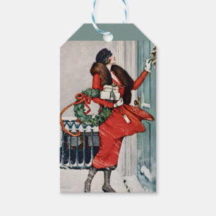 Vintage-Weihnachtsillustration an der Haustür Geschenkanhänger