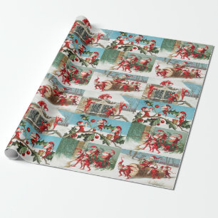 Vintage-Weihnachtsillustration mit Santa-Elfen-Wei Geschenkpapier