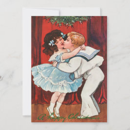 Vintage Weihnachtsjunge Kiss Girl Liebe Feiertagskarte
