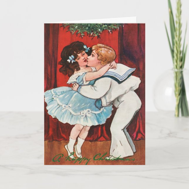 Vintage Weihnachtsjunge Kiss Girl Liebe Feiertagskarte (Vorderseite)