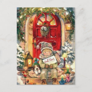Vintage Weihnachtsjunge und Hund Feiertagspostkarte