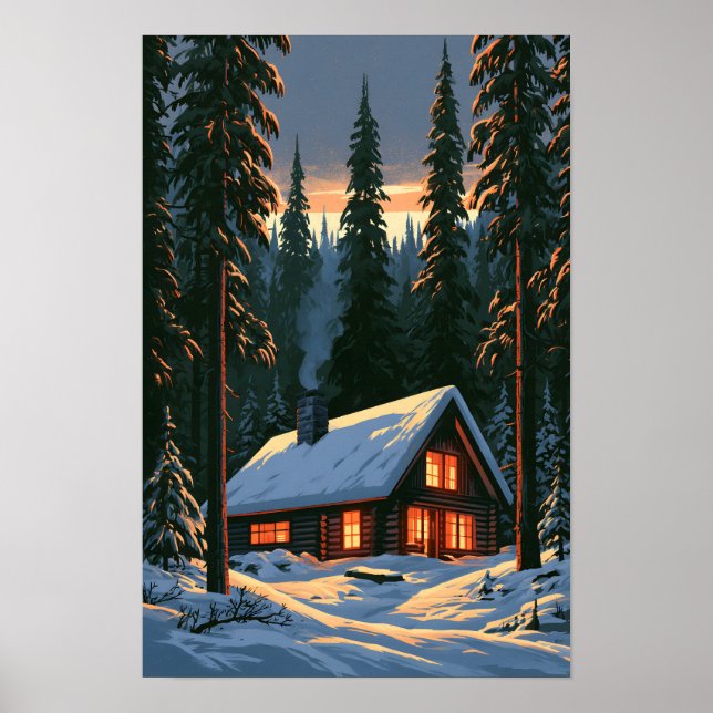 Vintage-Weihnachtskabine im Schnee Poster (Vorne)