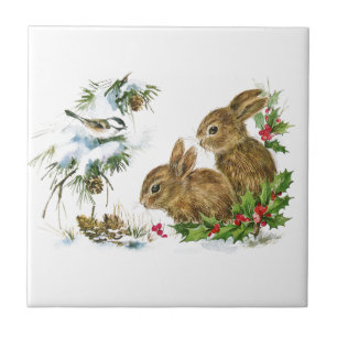 Vintage-Weihnachtskaninchen im Schnee Fliese