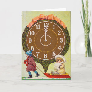 Vintage-Weihnachtskarte Kinder auf Schlitten Feiertagskarte