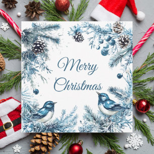 Vintage Weihnachtskarte mit blauen Vögeln und Kief Einladung