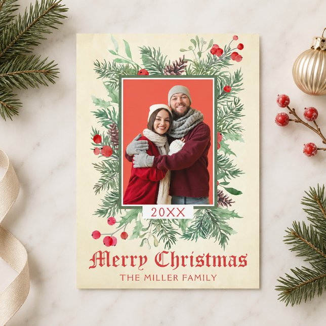Vintage-Weihnachtskarte mit Immergrün und Stechpal Einladung (Vintage Evergreen and Holly Photo Christmas Card)