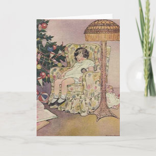 Vintage Weihnachtskarte mit Kind und Baum Feiertagskarte