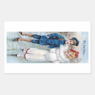 Vintage Weihnachtskarte mit Kindereis-Skaten Rechteckiger Aufkleber
