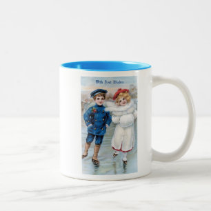 Vintage Weihnachtskarte mit Kindereis-Skaten Zweifarbige Tasse