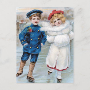 Vintage Weihnachtskarte mit Kindern beim Eislaufen Feiertagspostkarte