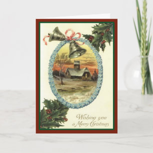 Vintage-Weihnachtskarte mit ländlicher Kirche Feiertagskarte