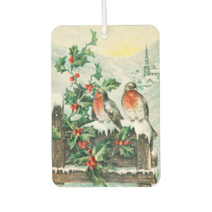 Vintage Weihnachtskarte mit Rotkehlchen, Stechpalm Autolufterfrischer
