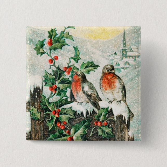 Vintage-Weihnachtskarte mit Rotkehlchen, Stechpalm Button (Vorderseite)
