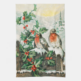 Vintage Weihnachtskarte mit Rotkehlchen, Stechpalm Geschirrtuch
