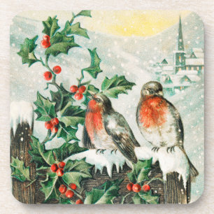 Vintage-Weihnachtskarte mit Rotkehlchen, Stechpalm Getränkeuntersetzer