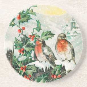Vintage-Weihnachtskarte mit Rotkehlchen, Stechpalm Getränkeuntersetzer
