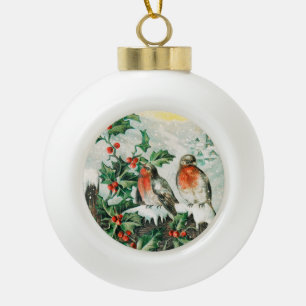 Vintage-Weihnachtskarte mit Rotkehlchen, Stechpalm Keramik Kugel-Ornament