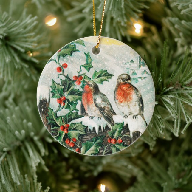 Vintage-Weihnachtskarte mit Rotkehlchen, Stechpalm Keramik Ornament (Baum)