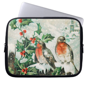 Vintage Weihnachtskarte mit Rotkehlchen, Stechpalm Laptopschutzhülle