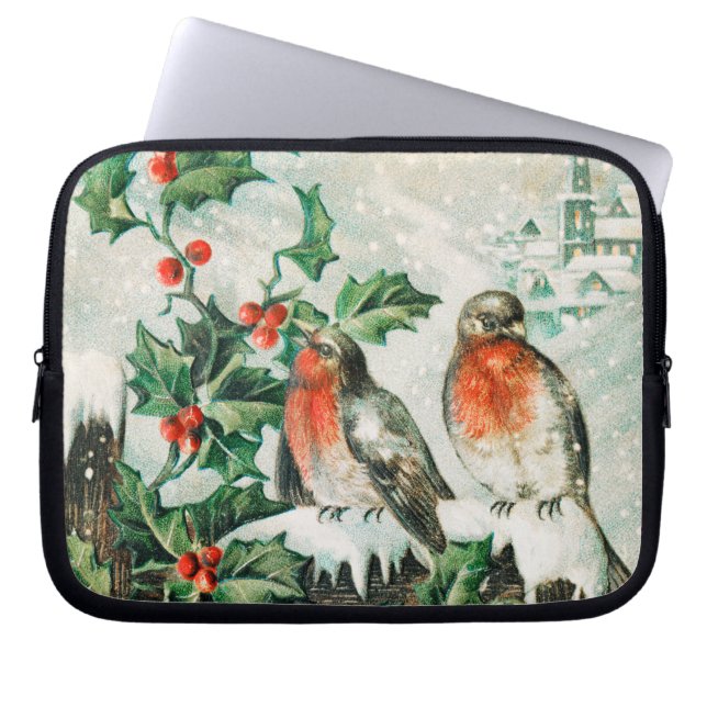Vintage Weihnachtskarte mit Rotkehlchen, Stechpalm Laptopschutzhülle (Vorderseite)