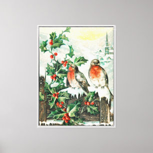 Vintage-Weihnachtskarte mit Rotkehlchen, Stechpalm Leinwanddruck