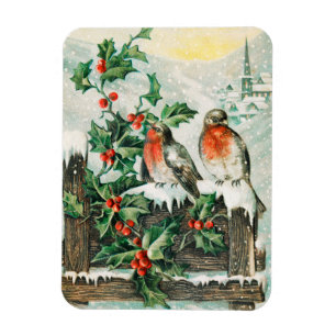 Vintage-Weihnachtskarte mit Rotkehlchen, Stechpalm Magnet