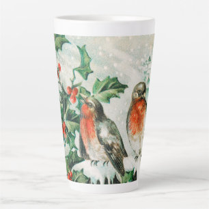 Vintage Weihnachtskarte mit Rotkehlchen, Stechpalm Milchtasse