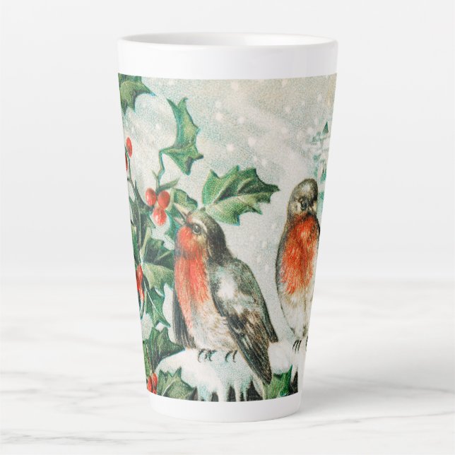 Vintage Weihnachtskarte mit Rotkehlchen, Stechpalm Milchtasse (Vorderseite)