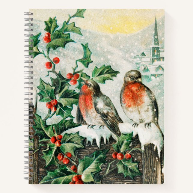 Vintage Weihnachtskarte mit Rotkehlchen, Stechpalm Notizbuch (Vorderseite)