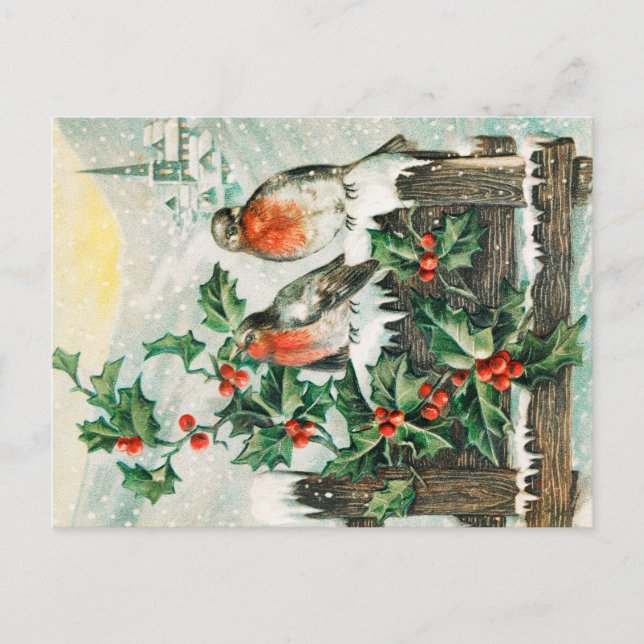 Vintage Weihnachtskarte mit Rotkehlchen, Stechpalm Postkarte (Vorderseite)