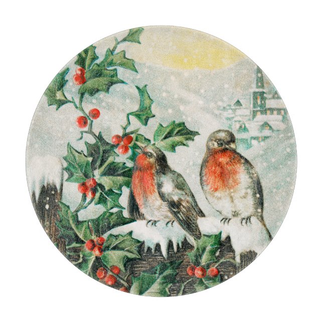 Vintage Weihnachtskarte mit Rotkehlchen, Stechpalm Schneidebrett (Vorderseite)