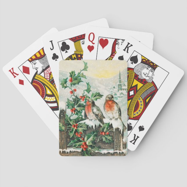 Vintage Weihnachtskarte mit Rotkehlchen, Stechpalm Spielkarten (Rückseite)