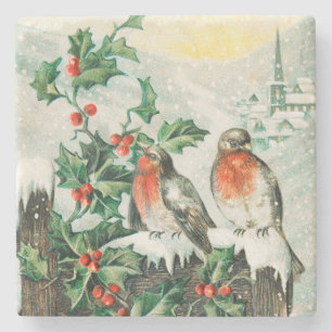 Vintage Weihnachtskarte mit Rotkehlchen, Stechpalm Steinuntersetzer