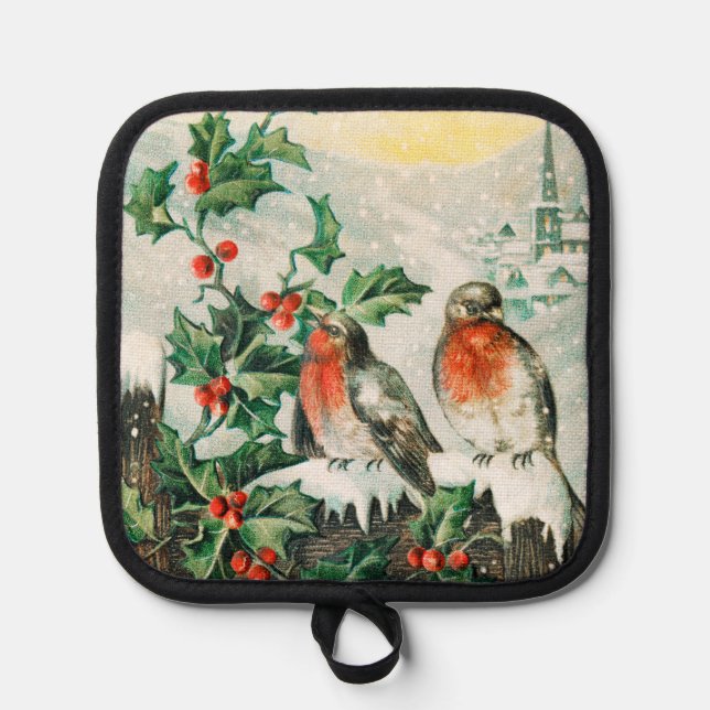 Vintage Weihnachtskarte mit Rotkehlchen, Stechpalm Topflappen (Vorderseite)