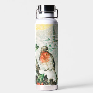 Vintage-Weihnachtskarte mit Rotkehlchen, Stechpalm Trinkflasche