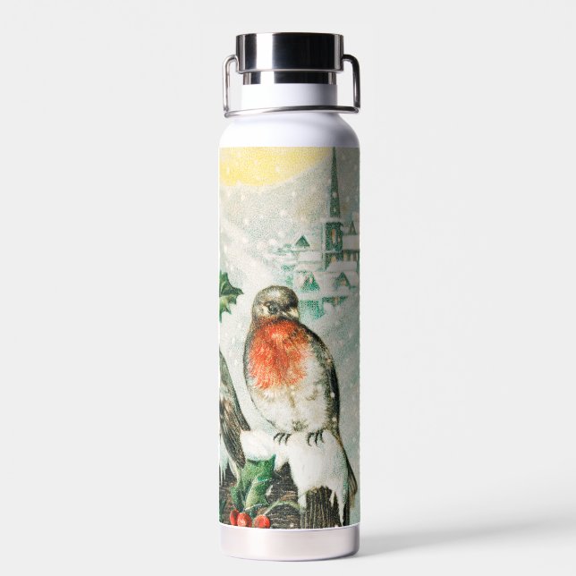 Vintage-Weihnachtskarte mit Rotkehlchen, Stechpalm Trinkflasche (Rückseite)
