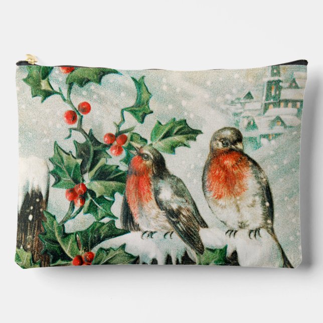 Vintage Weihnachtskarte mit Rotkehlchen, Stechpalm Zubehörtasche (Vorderseite)